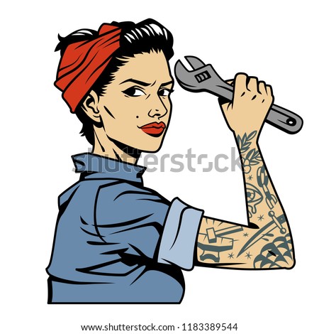 Vintage colorful pin up mechanic girl with tattoo on arm holding wrench isolated vector illustration