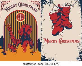 Vintage Colorful Poster Collection for Christmas and New Year Celebration Girl on WIndow wear Mask and santa hat grab star ans Santa Socks with Lamp Bulb Grunge texture Background Vector Illustration