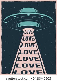 Afiche pintoresco y colorido con OVNI. Objeto volador no identificado con amor al texto. Ilustración del vector