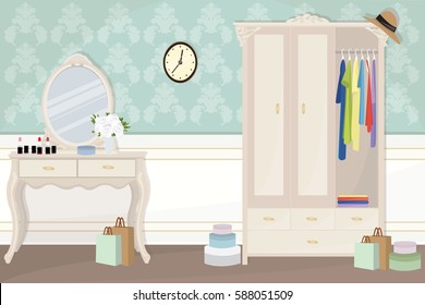 Vintage colorful room interior with a white wardrobe and a table with mirror. Flat style vector illustration.