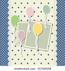 Vintage colorful scrap booking template for kid party, invitation, greeting, baby boy, girl shower card, Happy birthday label, postcard frame, child album. Vector.