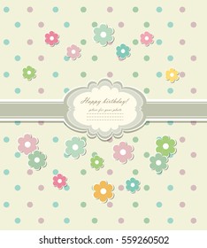 Vintage colorful scrap booking template for kid party, invitation, greeting, baby boy, girl shower card, Happy birthday label, postcard frame, child album. Vector.