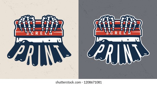 Vintage colorful screen printing concept with skeleton hands holding squeegee isolated vector illustration