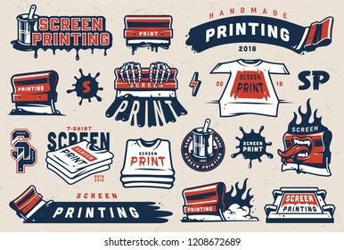 Vintage Colorful Screen Printing Elements Set With Squeegees Silkscreen Serigraphy Logos Shirts Paint Blots Isolated Vector Illustration