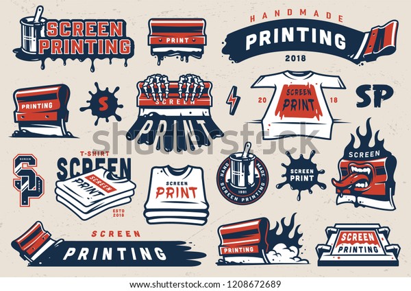 Vintage colorful screen printing elements\
set with squeegees silkscreen serigraphy logos shirts paint blots\
isolated vector\
illustration