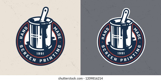 Vintage colorful screen printing label with paint brush in bucket can isolated vector illustration