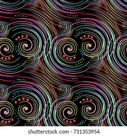 Vintage colorful seamless pattern. Abstract floral background fabric wallpaper with swirl circle radial lines, polka dots , geometric elements. Vector modern ornament. Luxury line art tracery texture