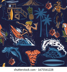 Vintage colorful seamless textile pattern with surfing, hula girl, waves, summer, beach, palms, Hawaii flowers, dolphin, beach house, volcano, parrot. Custom graphic apparel print design illustration.