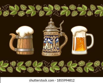 Vintage colorful set of beer mugs 
framed by seamless branches of hop. Old wooden mug. Traditional German stein. Glass mug with foam. Hand drawn vector illustration isolated on dark background.