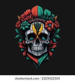 Diseño de arte de la cara del cráneo pintado de color en ilustración vectorial. Calavera colorida nativa