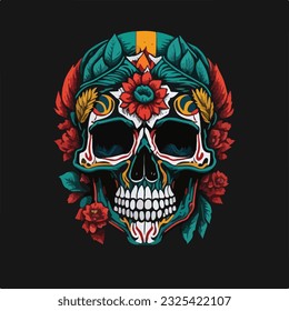 Vintage colorful skull face art design in vector illustration. Colorful gothic skull