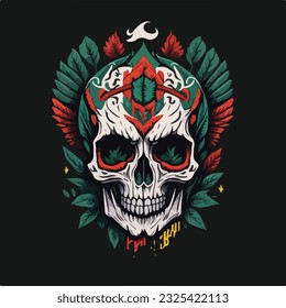 Vintage colorful skull face art design in vector illustration. Freedom warrior