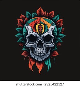 Vintage colorful skull face art design in vector illustration. Eagle skull