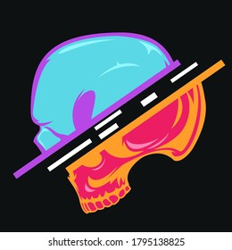 Vintage colorful sliced human skull with abstract distortion lines isolated on black background. Bright hand drawn design element template for emblem, print, cover, poster. Vivid vector illustration.