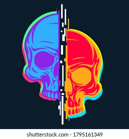 Vintage colorful sliced human skull with abstract distortion lines isolated on black background. Bright hand drawn design element template for emblem, print, cover, poster. Vivid vector illustration.