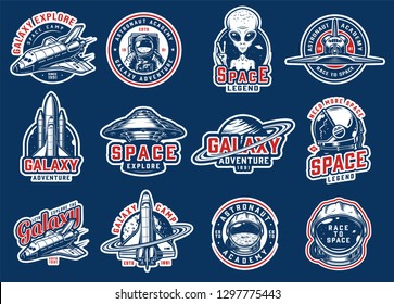 Vintage colorful space badges set with shuttles ufo astronaut saturn planet cosmonaut helmet moon extraterrestrial showing peace sign spaceships isolated vector illustration