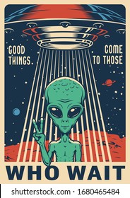 Vintage colorful space poster with extraterrestrial showing peace sign and flying UFO on cosmic background vector illustration