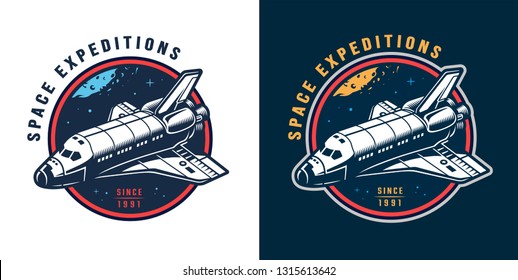 Vintage Colorful Space Round Emblem With Shuttle And Starry Sky Isolated Vector Illustration