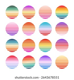 Vintage colorful sunset. Striped gradient sunrise badges in 80s and 90s style. Sun and ocean view, summer vibes, surfing. Design element for print, logo or t-shirt. Vector illustration