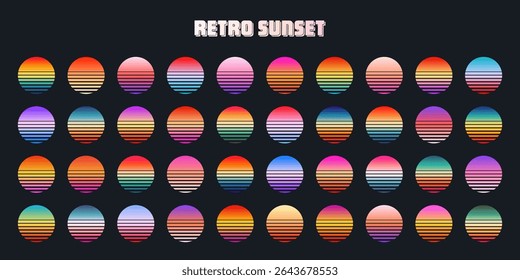 Vintage colorful sunset. Striped gradient sunrise badges in 80s and 90s style. Sun and ocean view, summer vibes, surfing. Design element for print, logo or t-shirt. Vector illustration