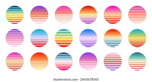 Vintage colorful sunset. Striped gradient sunrise badges in 80s and 90s style. Sun and ocean view, summer vibes, surfing. Design element for print, logo or t-shirt. Vector illustration