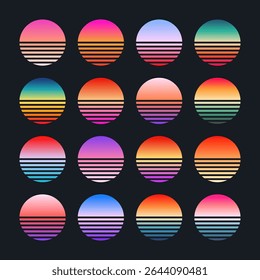 Vintage colorful sunset. Striped gradient sunrise badges in 80s and 90s style. Sun and ocean view, summer vibes, surfing. Design element for print, logo or t-shirt. Vector illustration