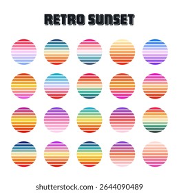 Vintage colorful sunset. Striped gradient sunrise badges in 80s and 90s style. Sun and ocean view, summer vibes, surfing. Design element for print, logo or t-shirt. Vector illustration