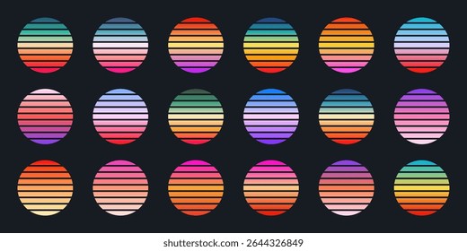 Vintage colorful sunset. Striped gradient sunrise badges in 80s and 90s style. Sun and ocean view, summer vibes, surfing. Design element for print, logo or t-shirt. Vector illustration
