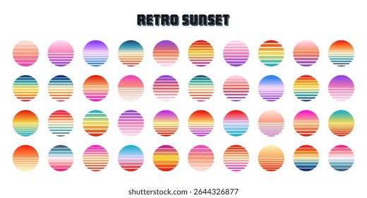 Vintage colorful sunset. Striped gradient sunrise badges in 80s and 90s style. Sun and ocean view, summer vibes, surfing. Design element for print, logo or t-shirt. Vector illustration