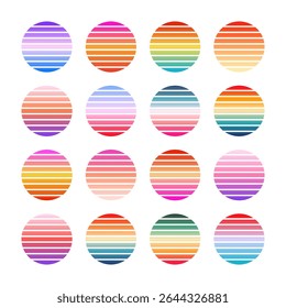 Vintage colorful sunset. Striped gradient sunrise badges in 80s and 90s style. Sun and ocean view, summer vibes, surfing. Design element for print, logo or t-shirt. Vector illustration