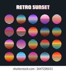 Vintage colorful sunset. Striped gradient sunrise badges in 80s and 90s style. Sun and ocean view, summer vibes, surfing. Design element for print, logo or t-shirt. Vector illustration