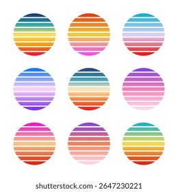 Vintage colorful sunset. Striped gradient sunrise badges in 80s and 90s style. Sun and ocean view, summer vibes, surfing. Design element for print, logo or t-shirt. Vector illustration