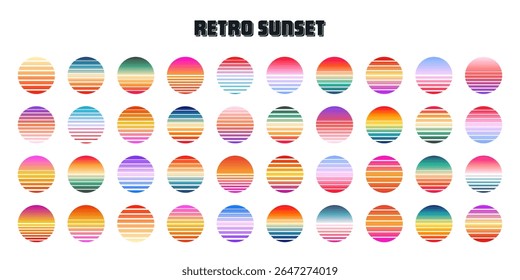 Vintage colorful sunset. Striped gradient sunrise badges in 80s and 90s style. Sun and ocean view, summer vibes, surfing. Design element for print, logo or t-shirt. Vector illustration