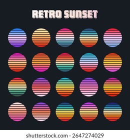 Vintage colorful sunset. Striped gradient sunrise badges in 80s and 90s style. Sun and ocean view, summer vibes, surfing. Design element for print, logo or t-shirt. Vector illustration