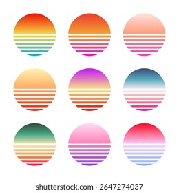 Vintage colorful sunset. Striped gradient sunrise badges in 80s and 90s style. Sun and ocean view, summer vibes, surfing. Design element for print, logo or t-shirt. Vector illustration