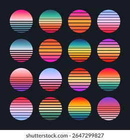 Vintage colorful sunset. Striped gradient sunrise badges in 80s and 90s style. Sun and ocean view, summer vibes, surfing. Design element for print, logo or t-shirt. Vector illustration