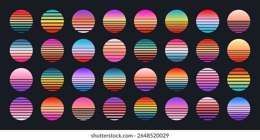 Vintage colorful sunset. Striped gradient sunrise badges in 80s and 90s style. Sun and ocean view, summer vibes, surfing. Design element for print, logo or t-shirt. Vector illustration