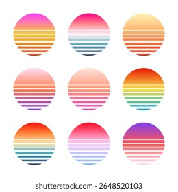 Vintage colorful sunset. Striped gradient sunrise badges in 80s and 90s style. Sun and ocean view, summer vibes, surfing. Design element for print, logo or t-shirt. Vector illustration