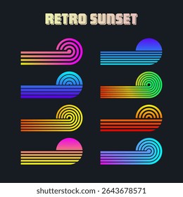 Vintage colorful sunset. Various gradient striped sunrise badges in 80s and 90s style. Sun and ocean view, summer vibes, surfing. Design element for print, logo or t-shirt. Vector illustration