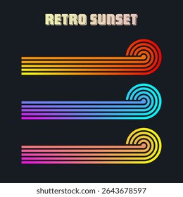 Vintage colorful sunset. Various gradient striped sunrise badges in 80s and 90s style. Sun and ocean view, summer vibes, surfing. Design element for print, logo or t-shirt. Vector illustration
