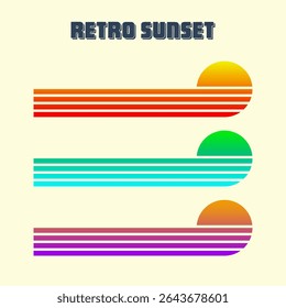 Vintage colorful sunset. Various gradient striped sunrise badges in 80s and 90s style. Sun and ocean view, summer vibes, surfing. Design element for print, logo or t-shirt. Vector illustration