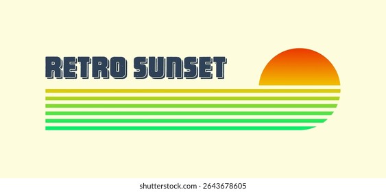 Vintage colorful sunset. Various gradient striped sunrise badges in 80s and 90s style. Sun and ocean view, summer vibes, surfing. Design element for print, logo or t-shirt. Vector illustration