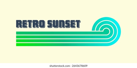 Vintage colorful sunset. Various gradient striped sunrise badges in 80s and 90s style. Sun and ocean view, summer vibes, surfing. Design element for print, logo or t-shirt. Vector illustration