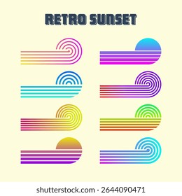 Vintage colorful sunset. Various gradient striped sunrise badges in 80s and 90s style. Sun and ocean view, summer vibes, surfing. Design element for print, logo or t-shirt. Vector illustration