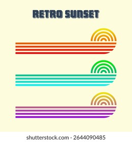 Vintage colorful sunset. Various gradient striped sunrise badges in 80s and 90s style. Sun and ocean view, summer vibes, surfing. Design element for print, logo or t-shirt. Vector illustration