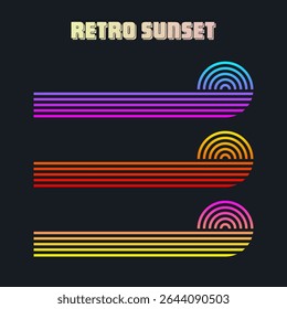 Vintage colorful sunset. Various gradient striped sunrise badges in 80s and 90s style. Sun and ocean view, summer vibes, surfing. Design element for print, logo or t-shirt. Vector illustration