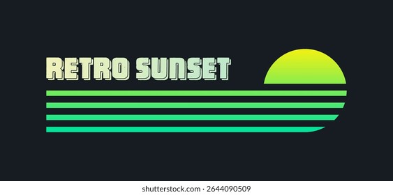 Vintage colorful sunset. Various gradient striped sunrise badges in 80s and 90s style. Sun and ocean view, summer vibes, surfing. Design element for print, logo or t-shirt. Vector illustration
