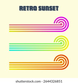 Vintage colorful sunset. Various gradient striped sunrise badges in 80s and 90s style. Sun and ocean view, summer vibes, surfing. Design element for print, logo or t-shirt. Vector illustration