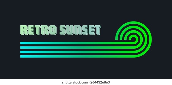 Vintage colorful sunset. Various gradient striped sunrise badges in 80s and 90s style. Sun and ocean view, summer vibes, surfing. Design element for print, logo or t-shirt. Vector illustration