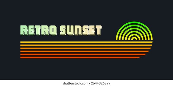 Vintage colorful sunset. Various gradient striped sunrise badges in 80s and 90s style. Sun and ocean view, summer vibes, surfing. Design element for print, logo or t-shirt. Vector illustration